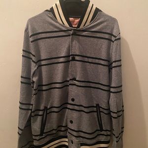 Varsity Jacket Gray Black Stripe Snap Button Men's Large Blue